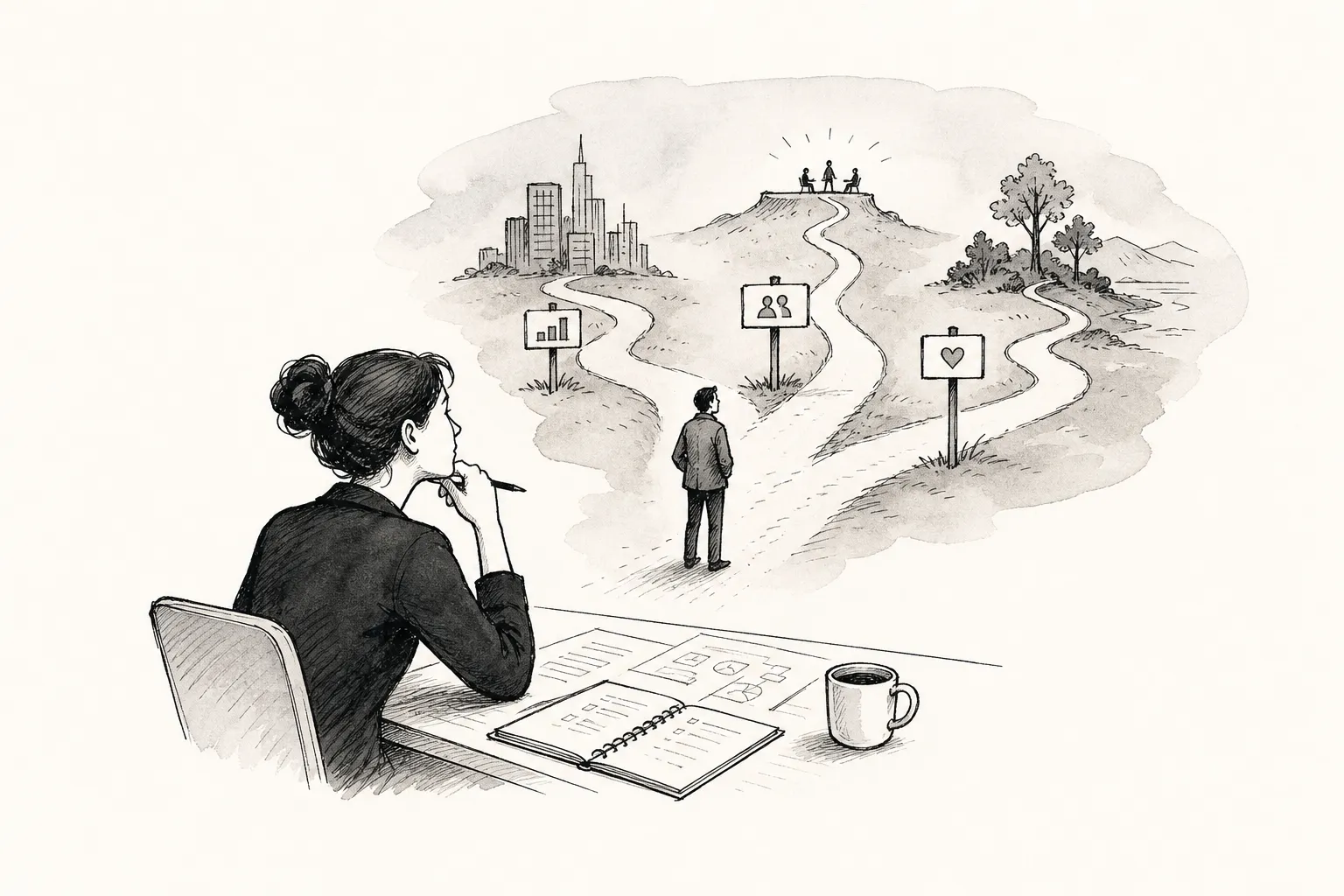 Ilustração em traço de aquarela: à mesa com caderno e café, uma consultora observa um fundador diante de três caminhos sinalizados com placas de gráfico, pessoas e coração