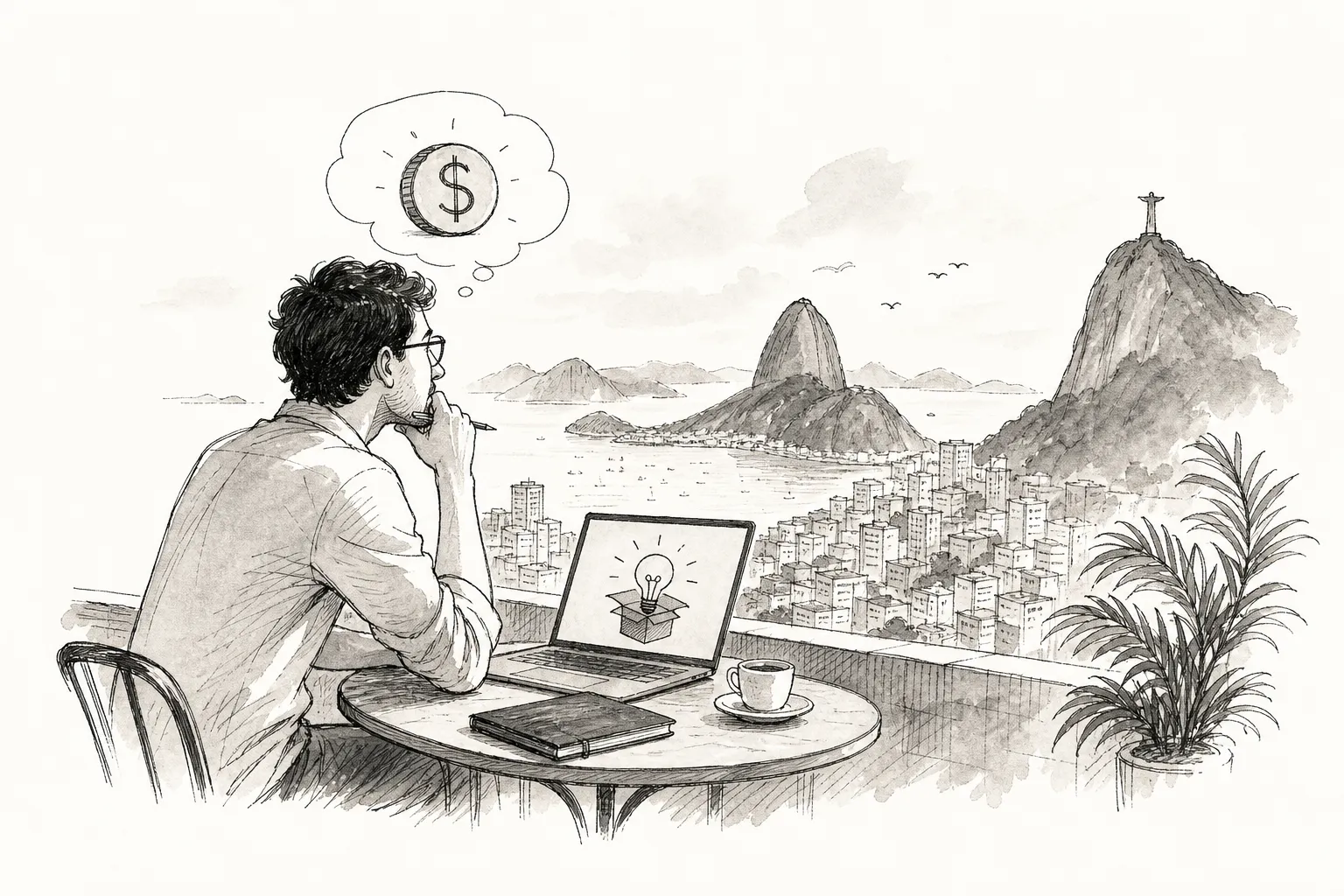 Ilustração em traço de aquarela: fundador em uma varanda com vista para o Rio de Janeiro, com laptop mostrando uma ideia e um balão de pensamento com uma moeda