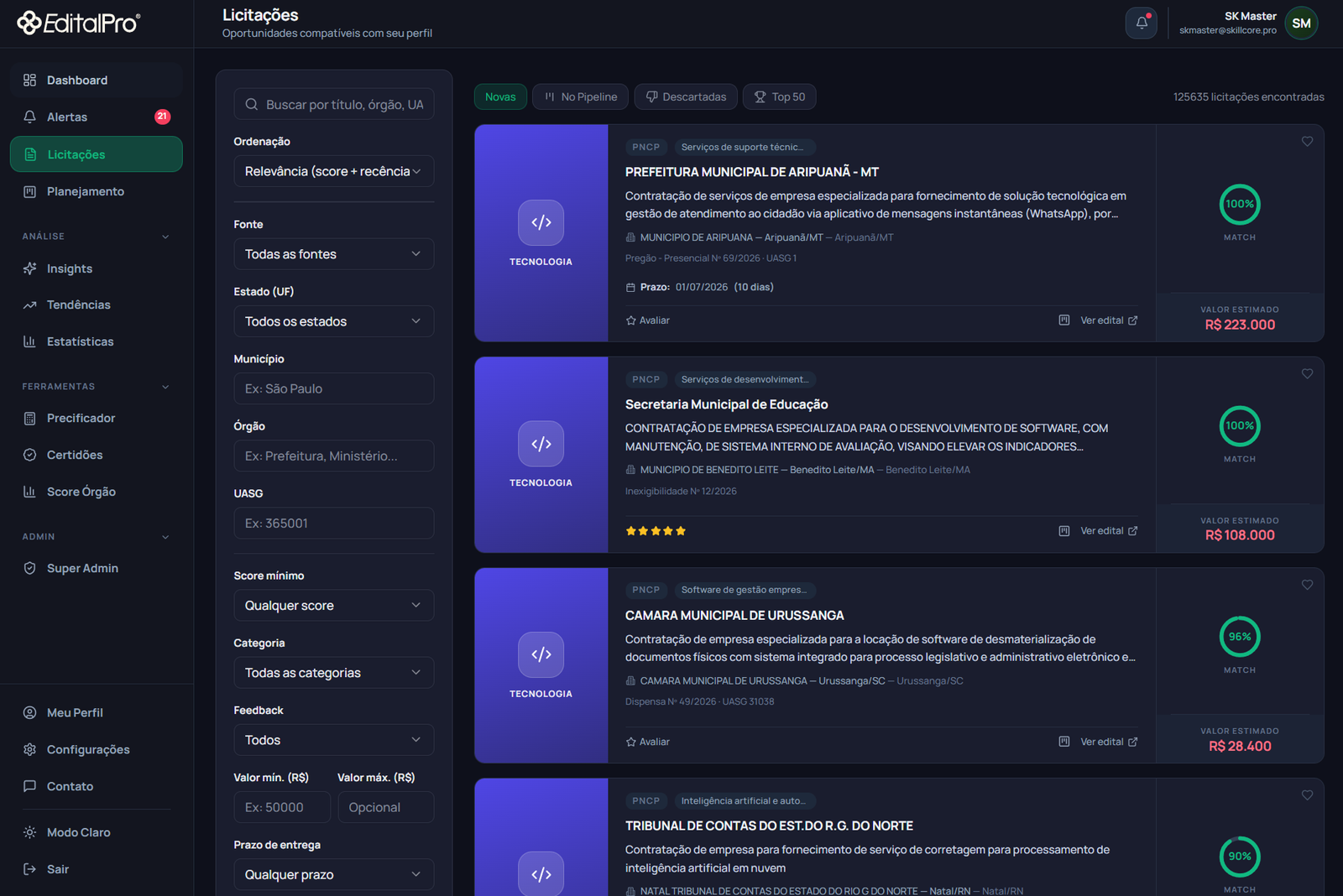 EditalPro · feed de licitações